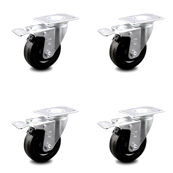 4 Inch Phenolic Swivel Top Plate Caster Set with Total Lock Brake